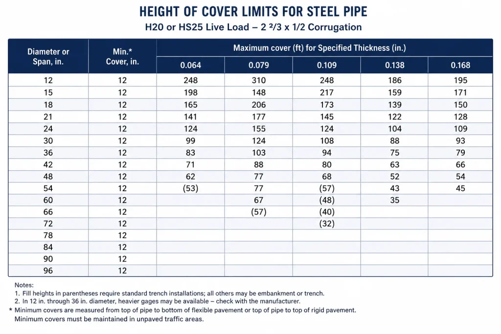 Height of Cover Limits for Steel Pipe AISI
