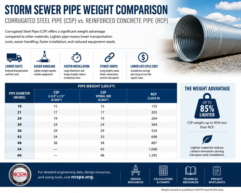 Storm Sewer Pipe weight comparison chart