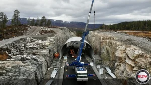 Structural plate wildlife crossing installed on concrete foundations in Norway.
