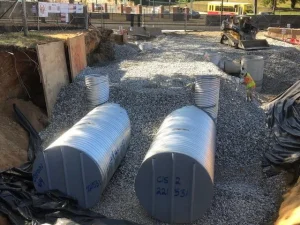 Corrugated steel pipe infiltration system designed to recharge groundwater at Spelman College.