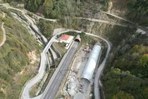 Aerial view of the Anatolian Highway tunnel extension project in the Bolu Mountain Pass.