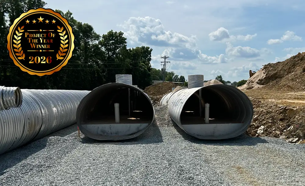 Corrugated steel pipe arch installation for stormwater detention system in Indian Trail North Carolina