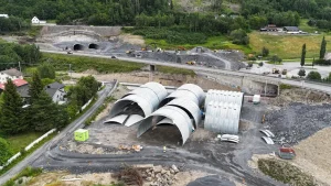 Corrugated steel structural plate railroad overpass under construction on Norway's E6 corridor.