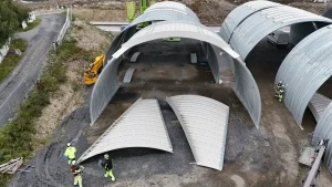 Large structural plate soil-steel bridge installed during a 72-hour railway closure in Lillehammer, Norway.