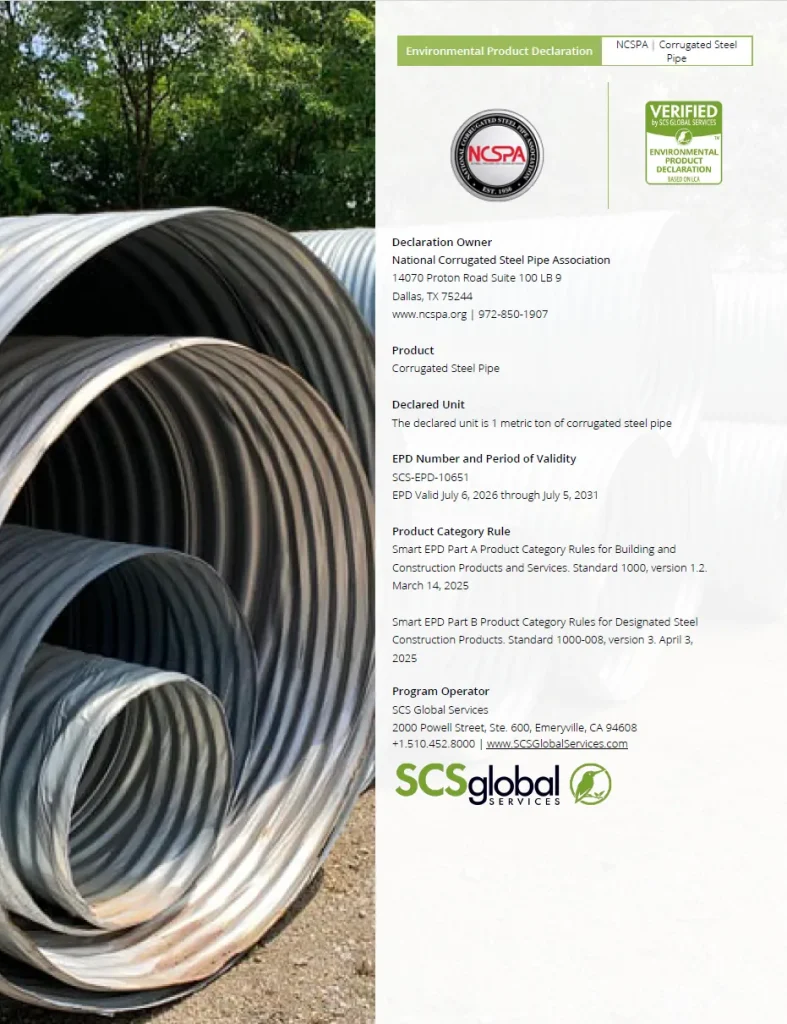 NCSPA Releases Industry-Wide Environmental Product Declaration for Corrugated Steel Pipe | NCSPA
