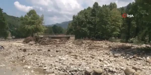 Existing bridge surrounded by flood debris, logs, rocks, and sediment after catastrophic flooding in Düzce.