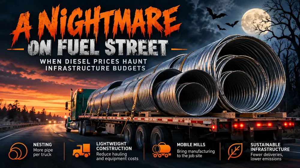 Halloween-themed graphic showing a truck hauling nested corrugated steel pipe beneath a full moon, highlighting diesel prices and transportation efficiency.